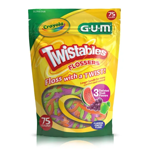 Vista 10 de GUM Crayola Twistables - Hilo dental para niños con flúor, diseñado para manos pequeñas, tres divertidos sabores de frutas, palillos de hilo dental