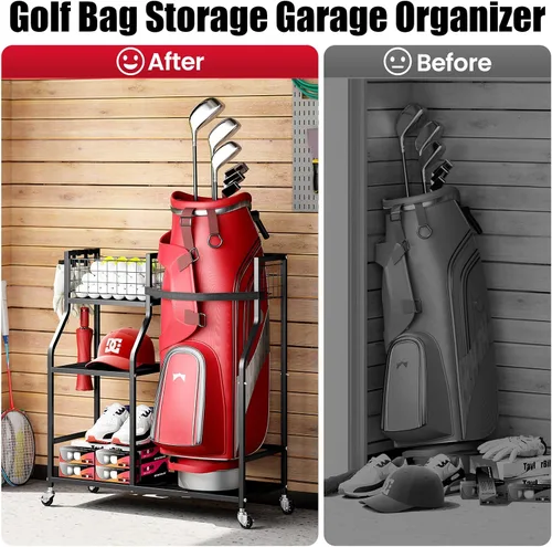 Vista 6 de TOOLF Organizador de bolsas de golf, almacenamiento para palos de golf con ruedas, soporte de metal resistente para bolsa de golf para el hogar