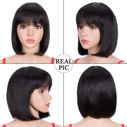 Vista 3 de Spotlight Peluca de cabello humano lacio de 8 pulgadas con flequillo, densidad del 180%, pelucas de cabello humano corto con flequillo, sin encaje