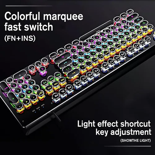 Vista 5 de Teclado mecánico con luz LED retroiluminada, teclado retro para juegos con teclas redondas de 104 teclas con interruptor azul, teclado steampunk