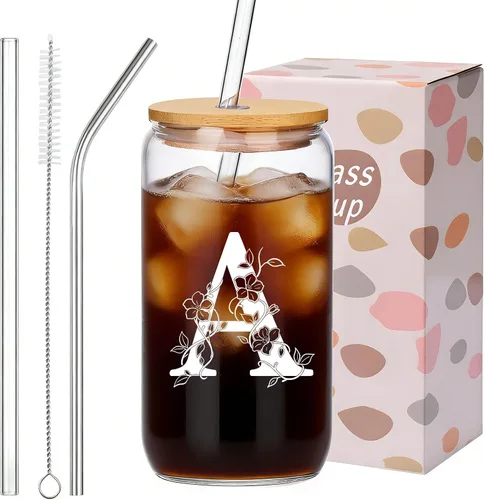 Vista 4 de Regalos personalizados para mujeres, tazas de vidrio con monograma con tapas y pajitas, regalos personalizados para mujeres, vasos de café helado