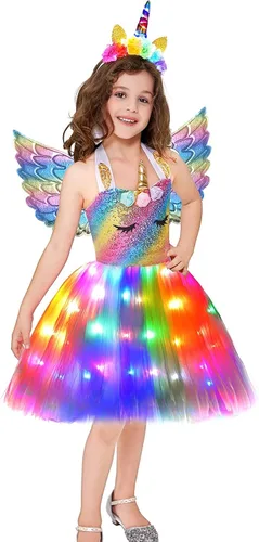 Vista 2 de Soyoekbt Unicorn Costume for Girls Unicorn Tutu Dress LED Light Up With Headband for Halloween Birthday Gift