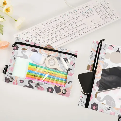 Vista 4 de Linda bolsa de lápices de bailarina para carpeta de 3 anillos, 2 bolsas para lápices con cremallera, estuche transparente con cremallera