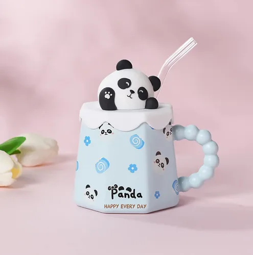 Vista 2 de Taza GawmFoiuy Mark con pajita, taza de cerámica con estampado de animales, 414 ml, tazas de café y té kawaii, tazas de animales divertidas, taza