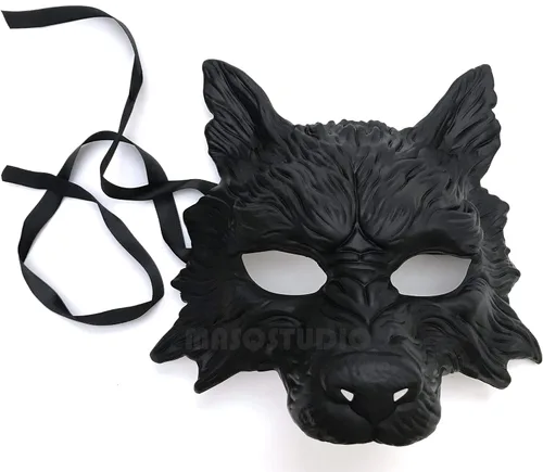 Vista 2 de MasqStudio Máscara de lobo negro, máscara de lobo blanco, máscara de lobos para mascarada, disfraz de Halloween, cosplay, fiesta