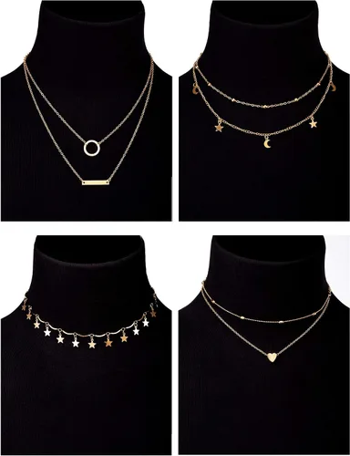 Vista 2 de BBTO Gargantilla de cadena de capas de oro, 9 piezas, collar con dije en capas para mujeres y niñas (estilo A), Perla sintética, aleación