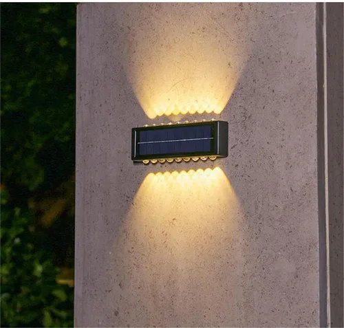 Vista 5 de ASLIDECOR 16 luces LED solares de pared, paquete de 2 luces solares blancas cálidas impermeables para cerca, iluminación solar negra para cubierta