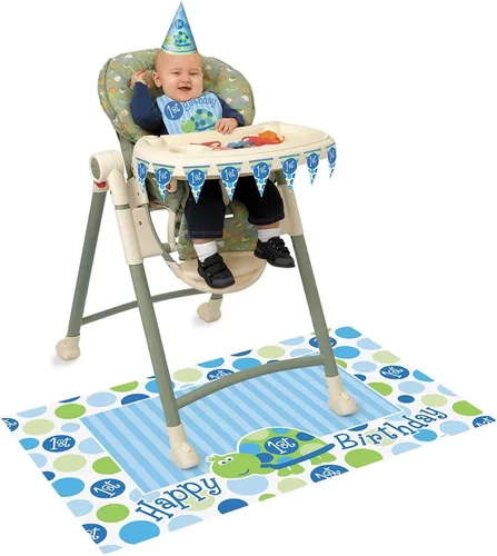 Vista 2 de Kit de silla alta de tortuga de primer cumpleaños Azul 4 piezas