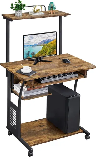 Vista 9 de Yaheetech Escritorio de computadora móvil de 2 niveles con estante para impresora y bandeja para teclado, mesa de computadora rodante para espacios
