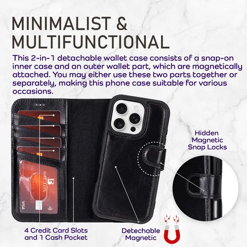Vista 100 de Bayelon Funda tipo cartera para iPhone 15 Pro, cartera de cuero de grano completo, funda magnética desmontable, tarjetero, funda tipo cartera