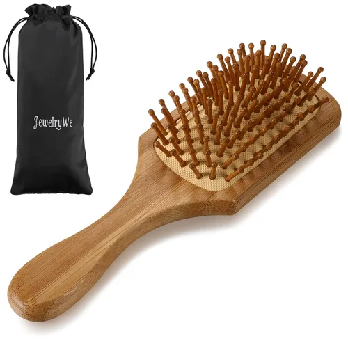 Vista 8 de JewelryWe Cepillo de masaje de bambú natural antiestático ovalado con mango largo para el cabello, cojín de aire, cuidado del cabello, cepillo