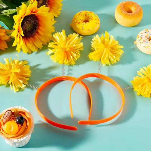 Vista 4 de Tigeen Diadema con pompones para la cabeza, 12 unidades, color amarillo (disfraz) para mujeres y adultos, accesorios para fiestas de cumpleaños