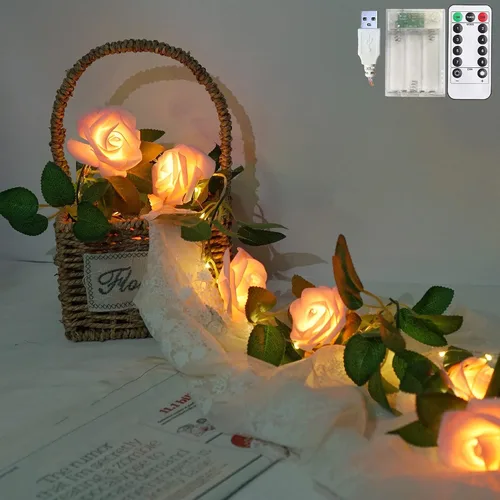 Vista 7 de Cadena de luces de rosa alimentadas por batería o USB con control remoto, luces de hadas de rosa impermeables para dormitorio, Navidad, festivales
