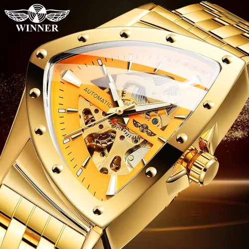 Vista 2 de FORSINING Reloj mecánico automático de esqueleto triangular para hombre, de lujo, dorado, negro, acero inoxidable, impermeable, luminoso, deportivo