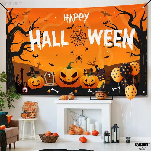 Vista 4 de KatchOn Pancarta extragrande de Feliz Halloween, 72 x 44 pulgadas, telón de fondo espeluznante, decoraciones de fiesta naranja y negro, pancarta