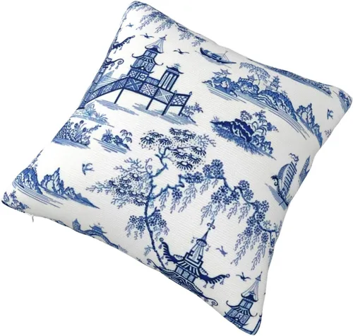 Vista 2 de Chinoiserie - Funda de almohada de lino azul de 16 x 16 pulgadas, fundas de almohada de lino para sofá, automóvil, sala de estar, dormitorio