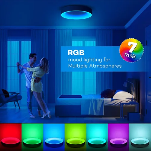 Vista 4 de Annaror Lámpara de Techo LED RGB de Montaje al Ras con Control Remoto, Luminaria de Techo Negra de 11 Pulgadas 24W, Color de Luz Cambiable