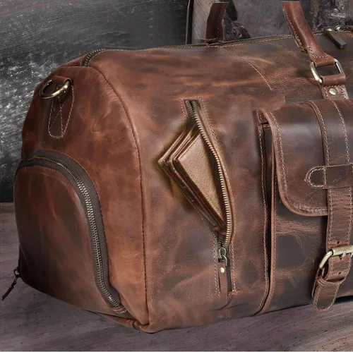 Vista 9 de Bolsa de viaje de cuero grande Bolsa de lona Bolsa de cabina de vuelo deportivo de gimnasio Bolsa de cuero Bolsa de equipaje grande para el fin