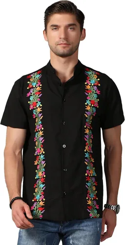 Vista 5 de Camisas mexicanas para hombre, camisas de vestir tradicionales de guayabera para hombre, con botones, cuello de banda, camisa de vestir para fiesta
