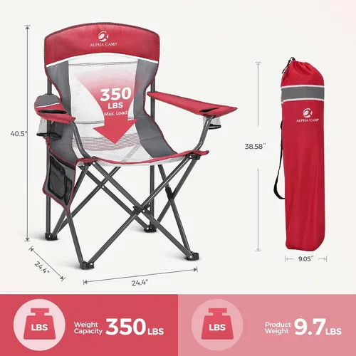 Vista 2 de LET'S CAMP Silla de campamento con respaldo de malla, portátil, plegable, resistente, soporte para exteriores, 330 libras, silla de brazo grande Rojo