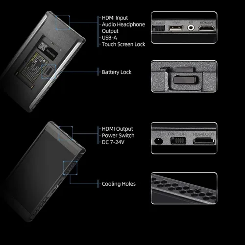 Vista 8 de Portkeys PT6 + NP-F750 - Kit de cargador Zgcine, pantalla táctil DCI-P3 IPS de 5.2 pulgadas, monitor de campo DCI-P3 IPS DSLR en cámara, entrada