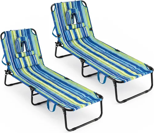 Vista 19 de GYMAX Silla de bronceado, silla de playa de 350 libras con agujero para la cara, almohada lavable y correa de transporte, tumbona plegable Ártico