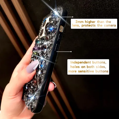 Vista 6 de Funda para iPhone 13 Pro para mujer (6.1 pulgadas), funda de lujo muy brillante con purpurina 3D con diamantes de imitación de cristal brillante