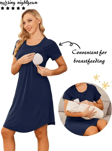 Vista 2 de Ekouaer Camisón de enfermería de manga corta Vestido de enfermería 3 en 1 camisón de maternidad para lactancia materna ropa de dormir vestido