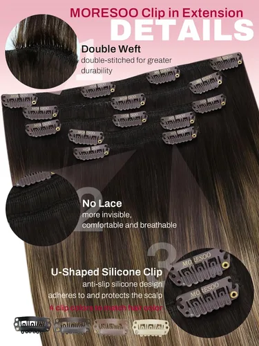 Vista 4 de Moresoo Extensiones de cabello humano con clip, balayage, color marrón oscuro a marrón dorado con clip, extensiones de cabello humano con clip, 5