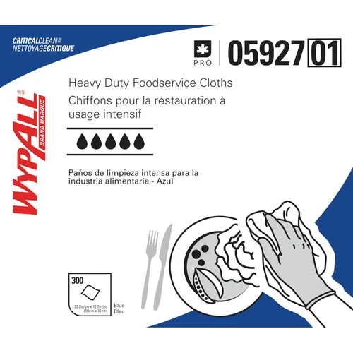 Vista 2 de WypAll CriticalClean Paños de limpieza de alto rendimiento para servicio de alimentos (05927), Toallas plegadas en cuartos, azul