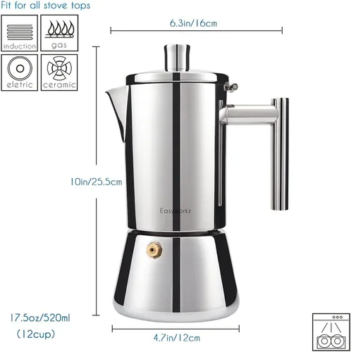 Vista 2 de Easyworkz Diego - Cafetera de café expreso para estufa, 12 tazas de 17.5 onzas, con mango largo hueco de acero inoxidable, cuchara medidora de 0.27