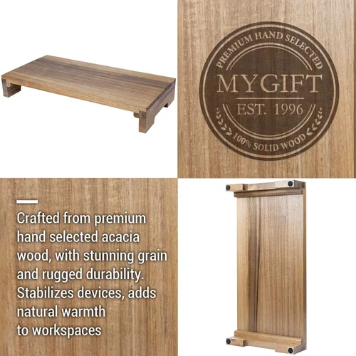 Vista 2 de MyGift Soporte de monitor de escritorio de madera maciza de acacia premium, elevador para laptop y almacenamiento de teclado, organizador