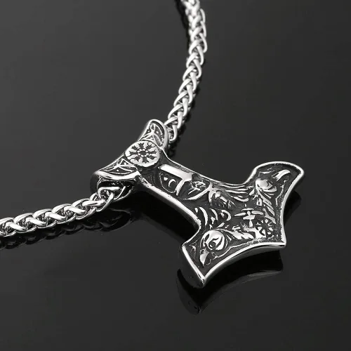 Vista 3 de Collar de martillo vikingo colgante nórdico de Mjolnir con cuervo amuleto pagano celta