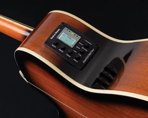 Vista 3 de Washburn Festival EA15 Mini Jumbo Cutaway, guitarra eléctrica acústica, ráfaga de tabaco Parte superior de arce figurada; Mini corte gigante
