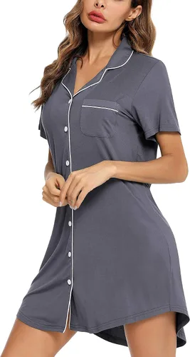 Vista 183 de Samring Camisón de pijama para mujer, manga corta/larga, con botones, camisón para dormir, camisón para novio, talla XXL