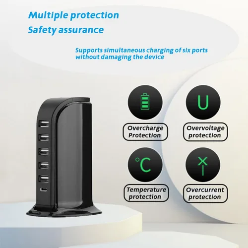 Vista 5 de Estación de carga USB para múltiples dispositivos, torre de carga multipuerto, puerto USB-C compatible con carga rápida PD compatible con iPhone