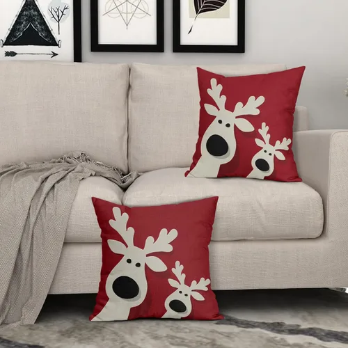 Vista 3 de Juego de 2 fundas de almohada rojas de Navidad de 16 x 16 pulgadas, decoración de Navidad de ciervos de Navidad, estampado de invierno, fundas