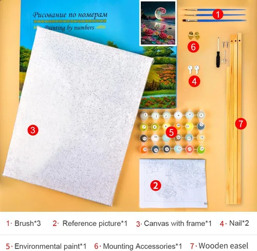 Vista 6 de Kit de pintura por números de playa con rocas para adultos, Moonbend DIY Kit de pintura al óleo, lienzo nocturno, pigmento acrílico, pintura