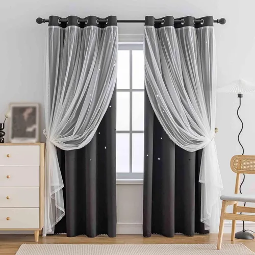 Vista 26 de Anytime - Cortinas para dormitorio de niñas con estrella hueca, cortinas opacas para habitación de niños, cortinas largas para oscurecer