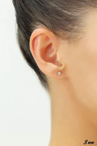Vista 2 de Aretes de oro amarillo de 14k solitario con cubo y zirconia con broches seguros