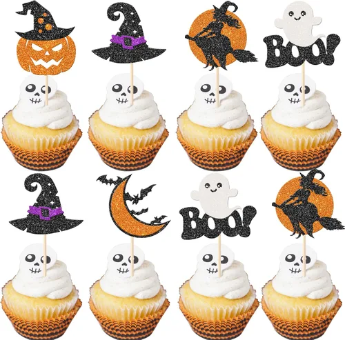 Vista 13 de Rsstarxi Paquete de 24 adornos para cupcakes Little Boo con purpurina, bruja, gato, calabaza, castillo, fantasma, magdalenas, alimentos, decoración