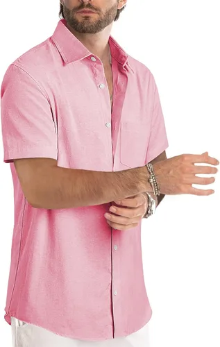 Vista 2 de JMIERR Camisas de vestir a rayas de algodón con botones y manga corta para hombre