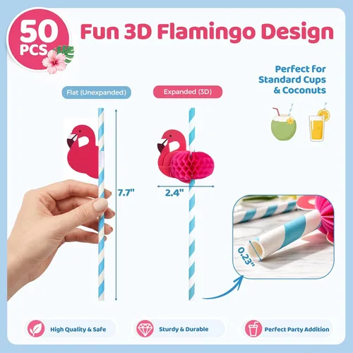 Vista 2 de HANSGO 50 popotes de flamenco, pajitas de papel de flamenco para decoración de mesa de Luau tropical, suministros de fiesta de piscina, decoración