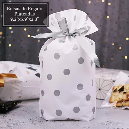 Vista 2 de Enjonar 24 bolsas de regalo de fiesta, bolsa de regalo plateada, bolsa de plástico con cordón para dulces, regalos