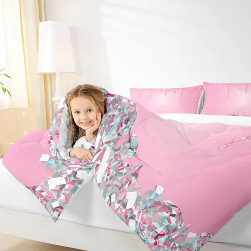 Vista 3 de Castle Fairy Juego de edredón de diamantes geométricos, tamaño matrimonial, juego de ropa de cama con purpurina rosa para niñas, mujeres, adultos