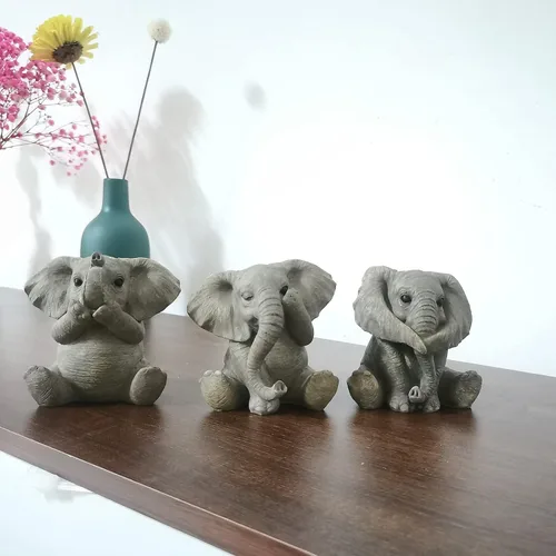 Vista 3 de 3 estatuas de elefante bebé de resina, adornos de elefantes para decoración del hogar, sala de estar, oficina, ver no mal, escucha no mal, no hablar