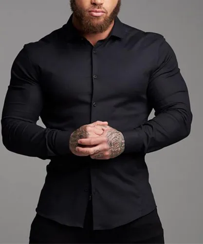 Vista 3 de Glkaend Camisas de vestir para hombre, elásticas, sin arrugas, de manga larga, casuales, con botones