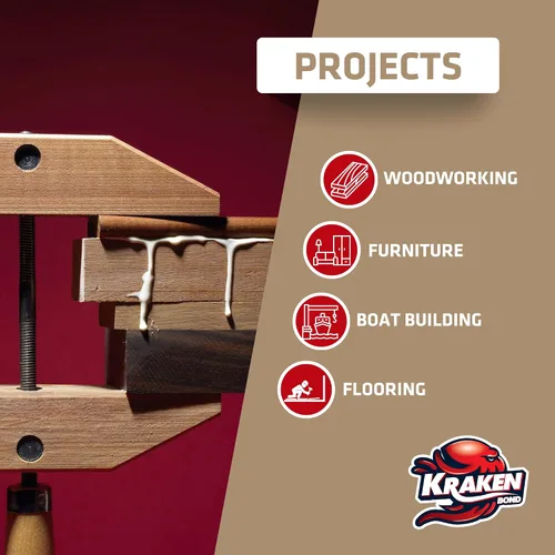 Vista 4 de Kraken Bond D4 - Pegamento para madera de secado rápido, (1 x 13.5 onzas líquidas), pegamento de poliuretano impermeable de grado marino
