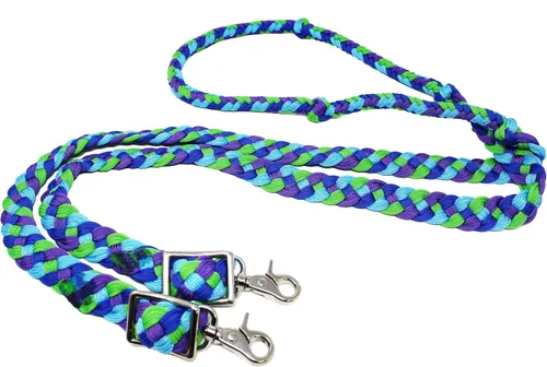 Vista 2 de CHALLENGER Pro Rider Hand Braided Multicolored Nylon Horse Barrel Reins w/Snaps 607152
