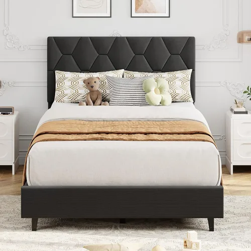 Vista 13 de GarveeHome Marco de Cama de Plataforma Tamaño Twin con Cabecera Tapizada y Soporte de Listones de Madera, Base de Colchón Tapizada/No Necesita Beige
